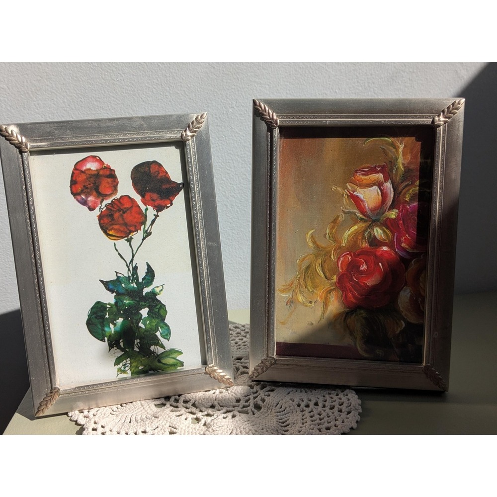 Vintage Silver Tone Picture Frames Set of 2 Floral Corner 4x6 Tabletop